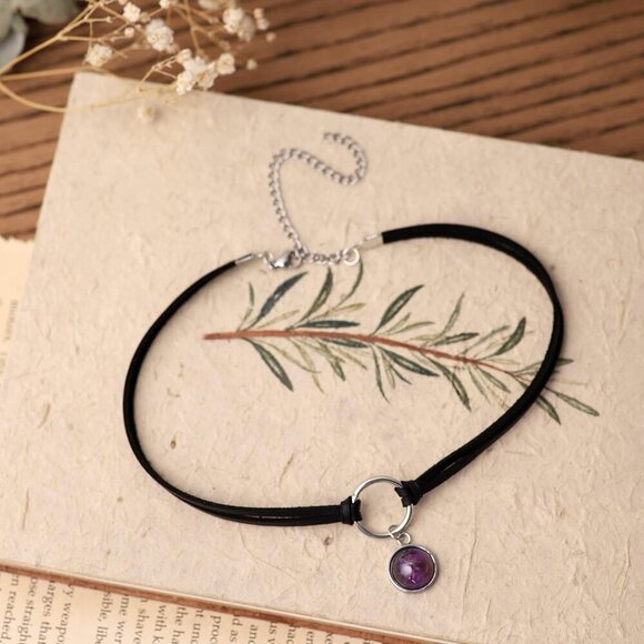 Jewelry Gothic Choker Black Faux Leather Crystal Pendant Gift for Women - Picture 5 of 7